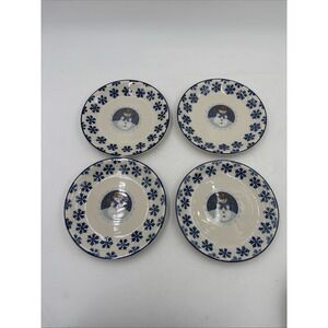 Four Cameo Snowman By Folkcraft Stoneware Dessert Plates 8" Blue Snowflake Desig